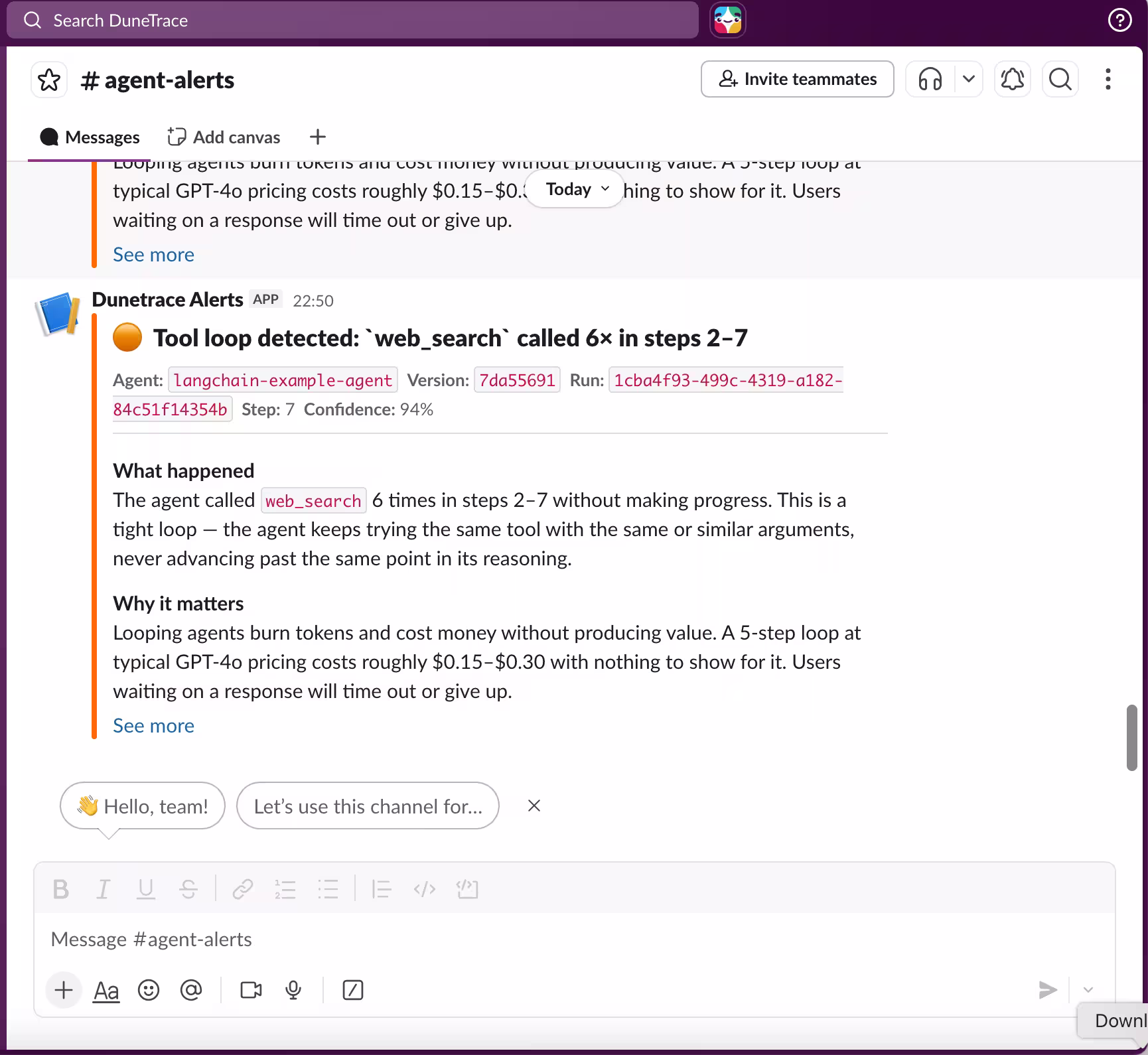 Dunetrace Slack alert example